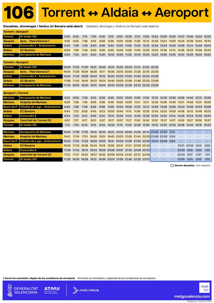 Autobús Aeropuerto de Valencia Línea -106 Metrobús - Horarios Fin de semana