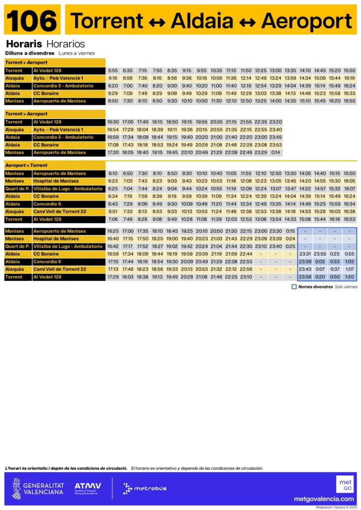 Autobús Aeropuerto de Valencia Línea -106 Metrobús - Horarios L-V