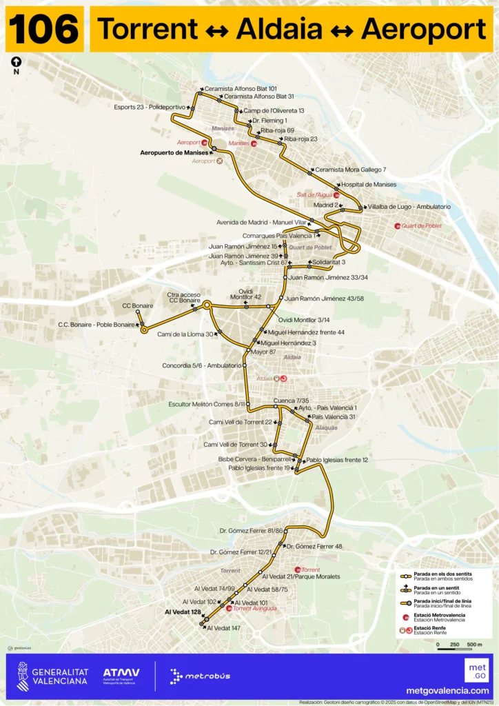 Autobús Aeropuerto de Valencia Línea -106 Metrobús - Plano