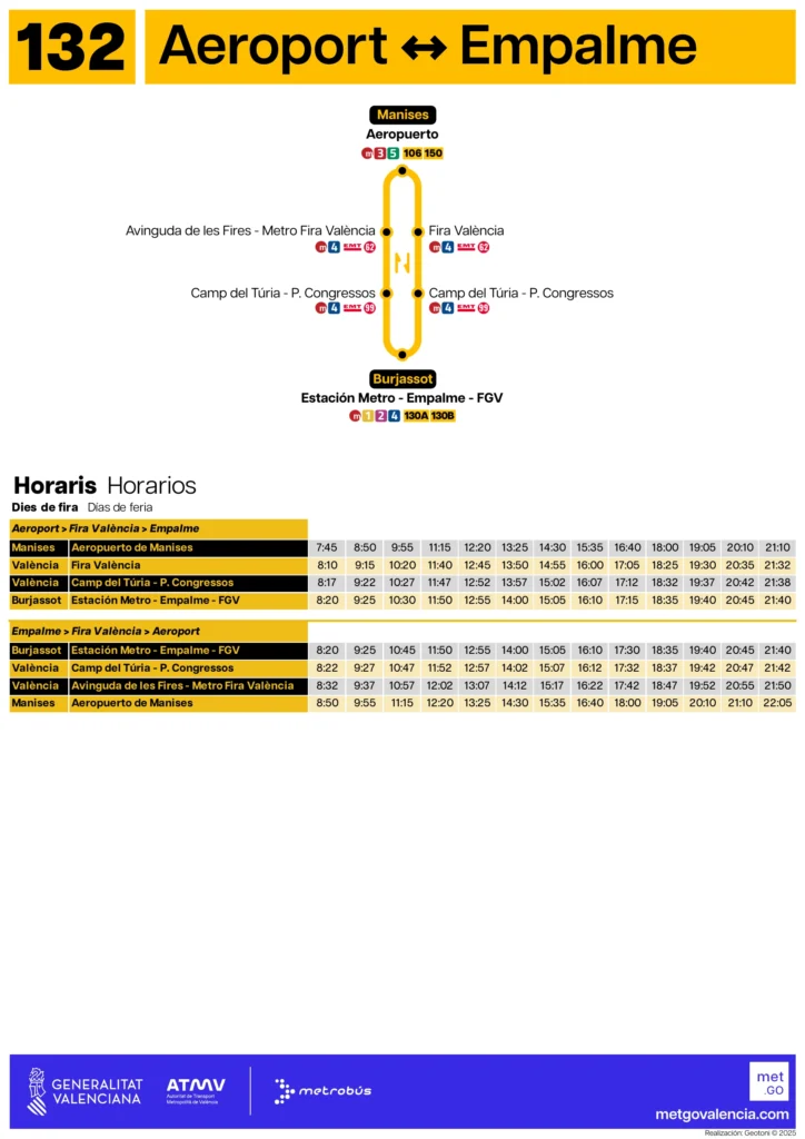 Autobús Aeropuerto de Valencia Línea - 132 Metrobús - Paradas y Horarios
