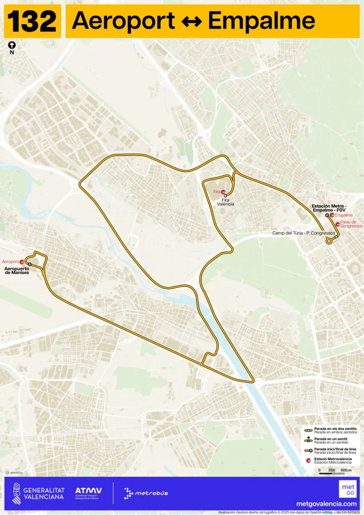 Autobús Aeropuerto de Valencia Línea - 132 Metrobús - Plano