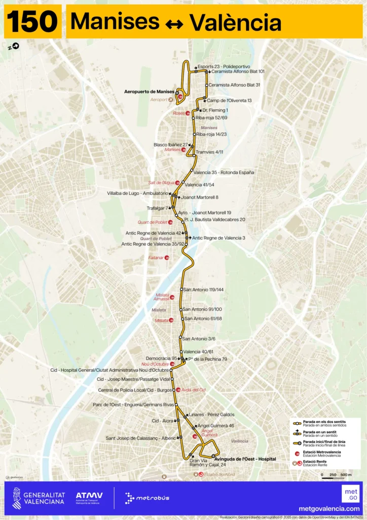 Autobús Aeropuerto de Valencia Línea -150 Metrobús - Plano
