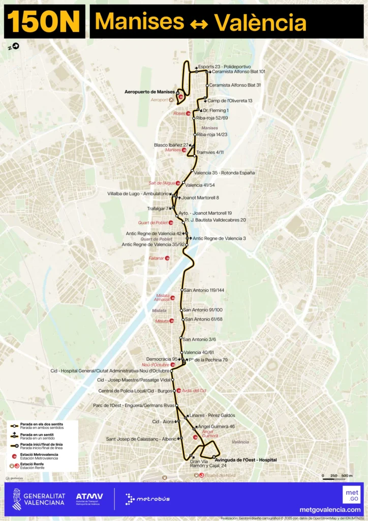 Autobús Aeropuerto de Valencia Línea -150N Metrobús - Plano