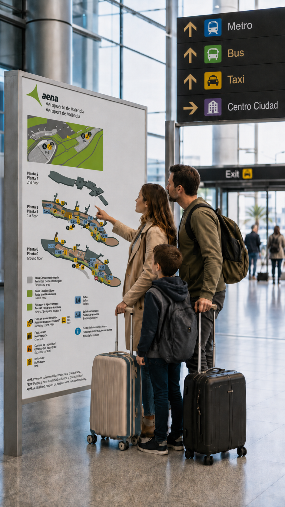 Familia consultando el plano de la terminal del Aeropuerto de Valencia