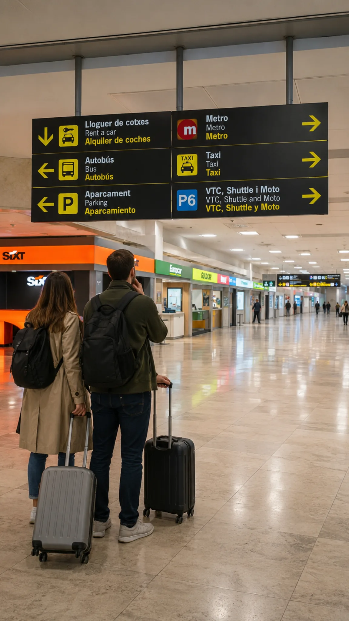 Viajero consultando la señalización de transporte del Aeropuerto de Valencia con opciones de metro, taxi, autobús, VTC, parking y alquiler de coches.