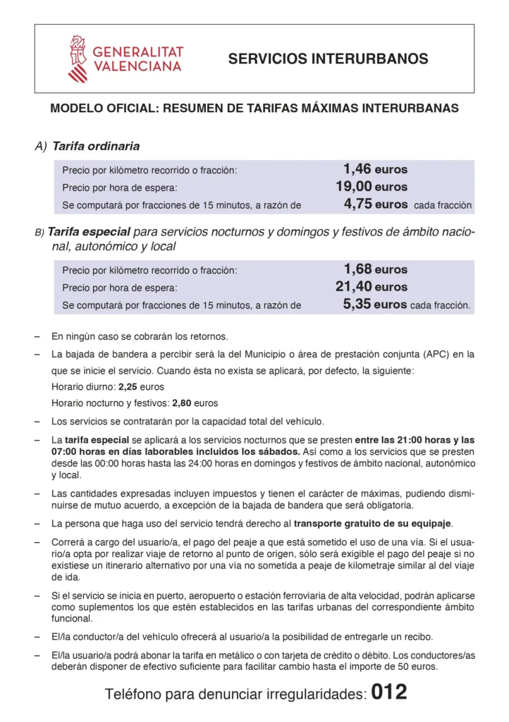 Tarifa Oficial Taxi Valencia - Interurbanas