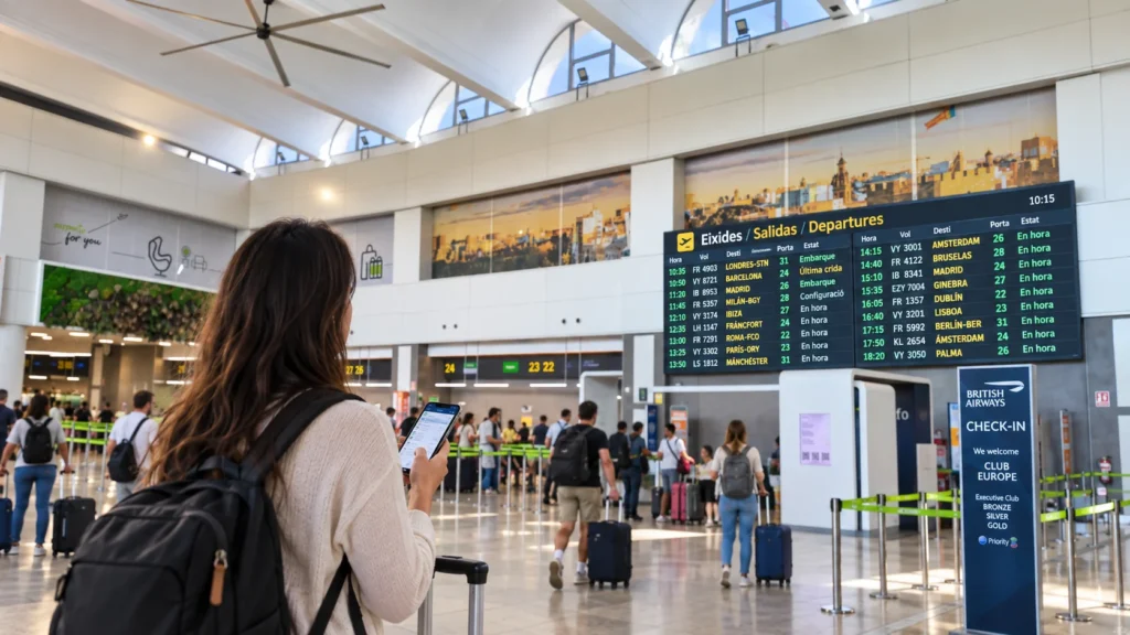 Aeropuerto de Valencia - Viajera ante el panel de salidas