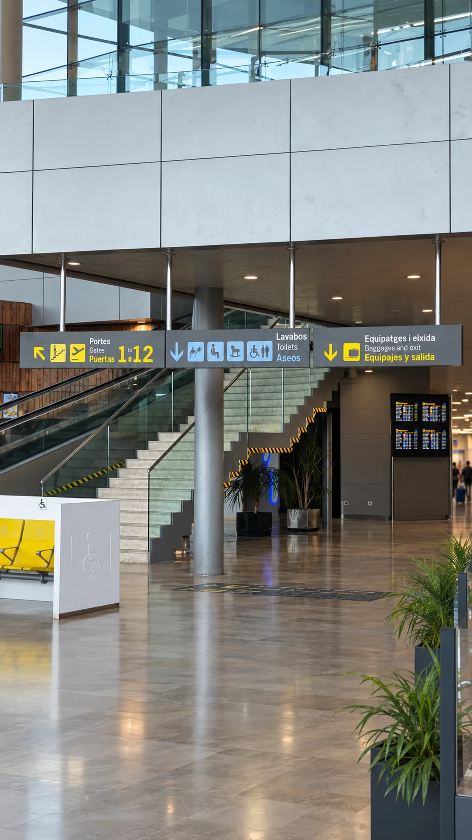 Vestíbulo de la Terminal Regional del Aeropuerto de Valencia con señalización interior