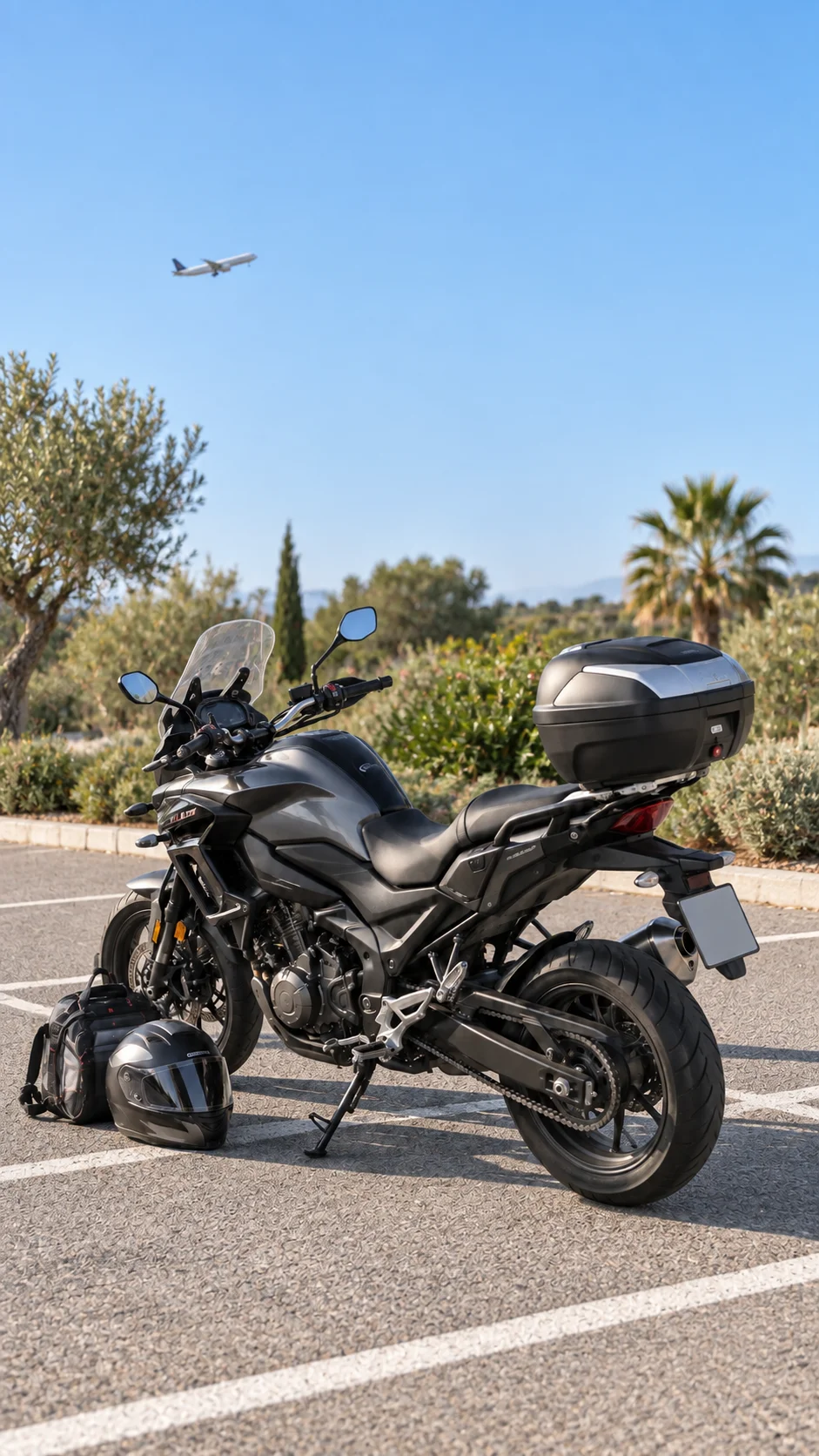 Motocicleta con equipaje en un aparcamiento exterior próximo a un aeropuerto