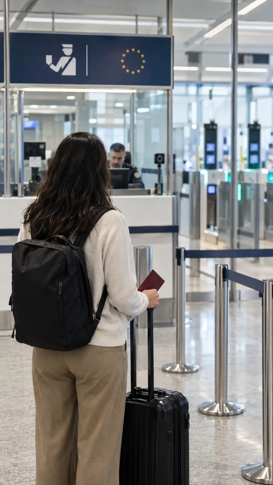 Viajera con pasaporte esperando ante un control fronterizo aeroportuario
