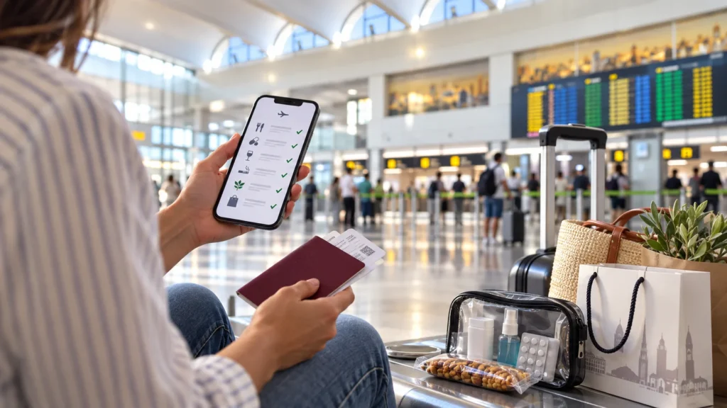 Viajera consultando los requisitos del país de destino