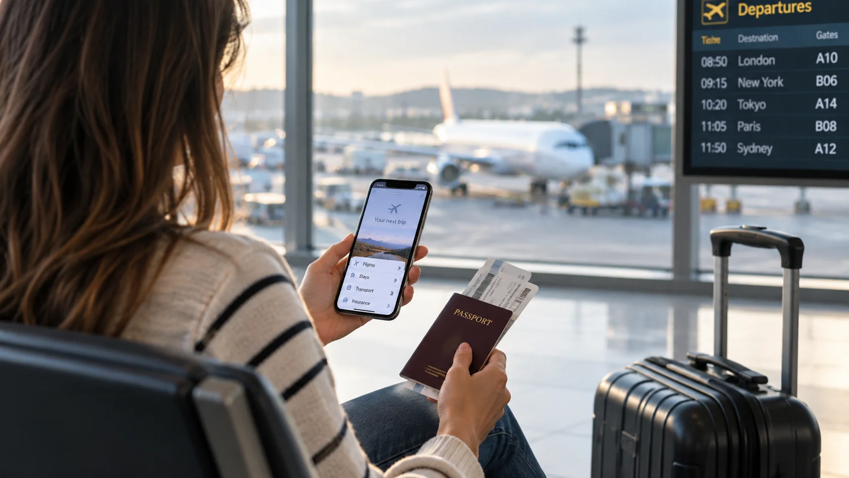 Preparativos de viaje en el aeropuerto