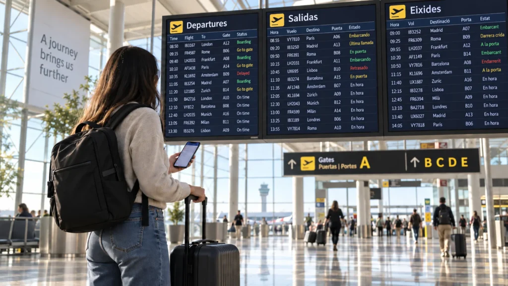 Viajera consultando las pantallas de salidas antes de volar