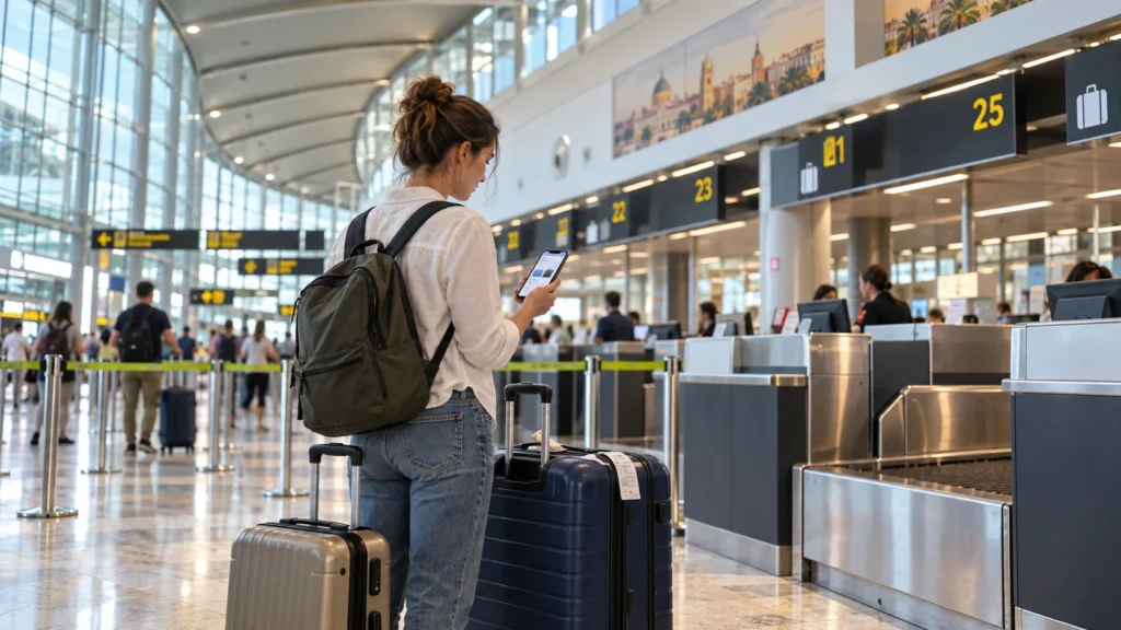 Viajera facturando su equipaje en el aeropuerto