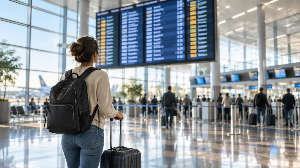 Viajera consultando el panel de vuelos antes de volar