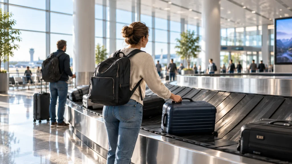 Viajera recogiendo su equipaje en la cinta de llegadas