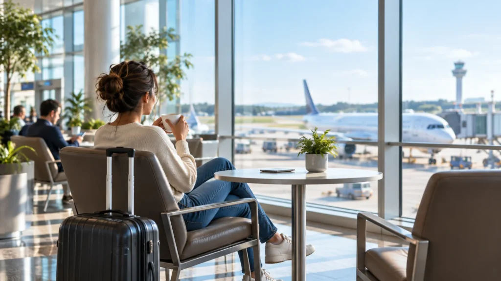 Viajera descansando durante una espera en el aeropuerto