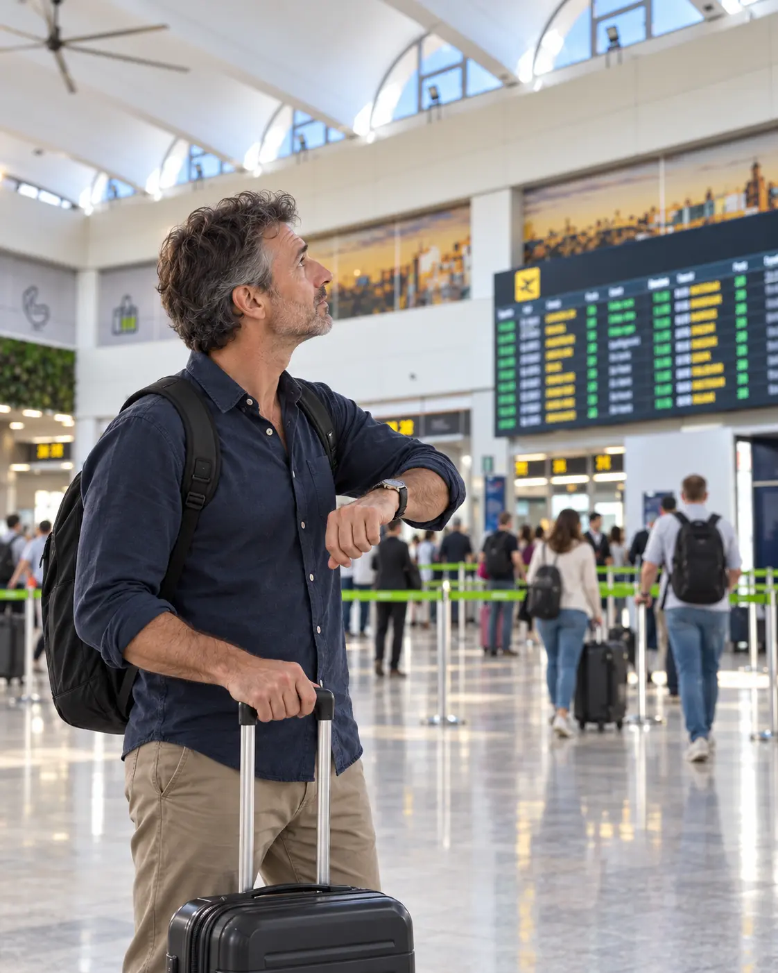 Viajero comprobando la hora y las pantallas de salidas en el Aeropuerto de Valencia
