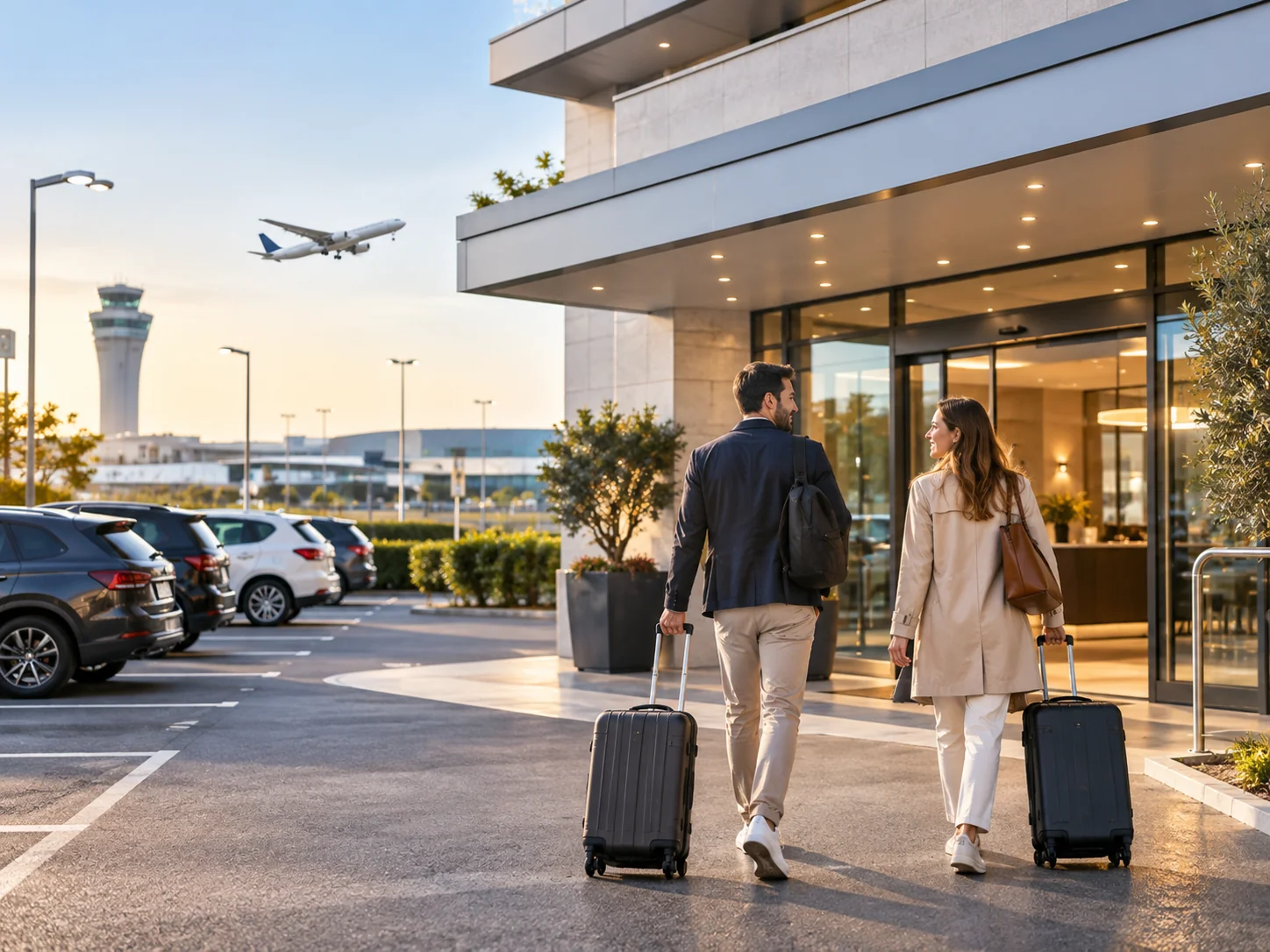 Viajeros llegando a un hotel con aparcamiento próximo a un aeropuerto