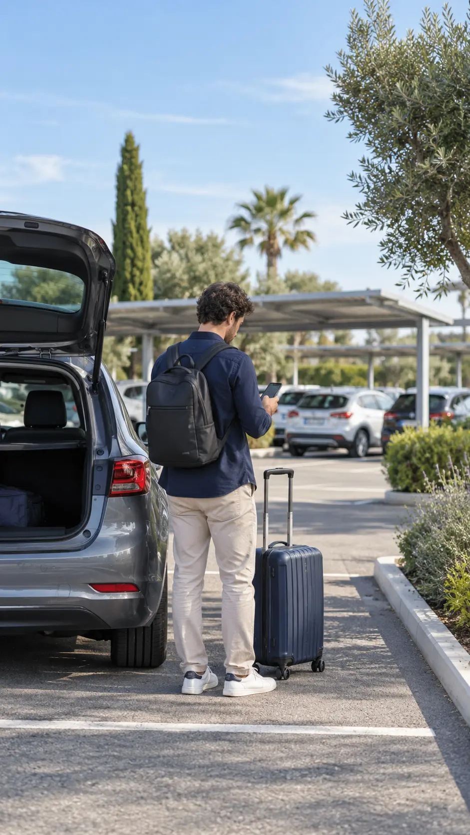 Viajero consultando una reserva de parking junto a su coche y equipaje