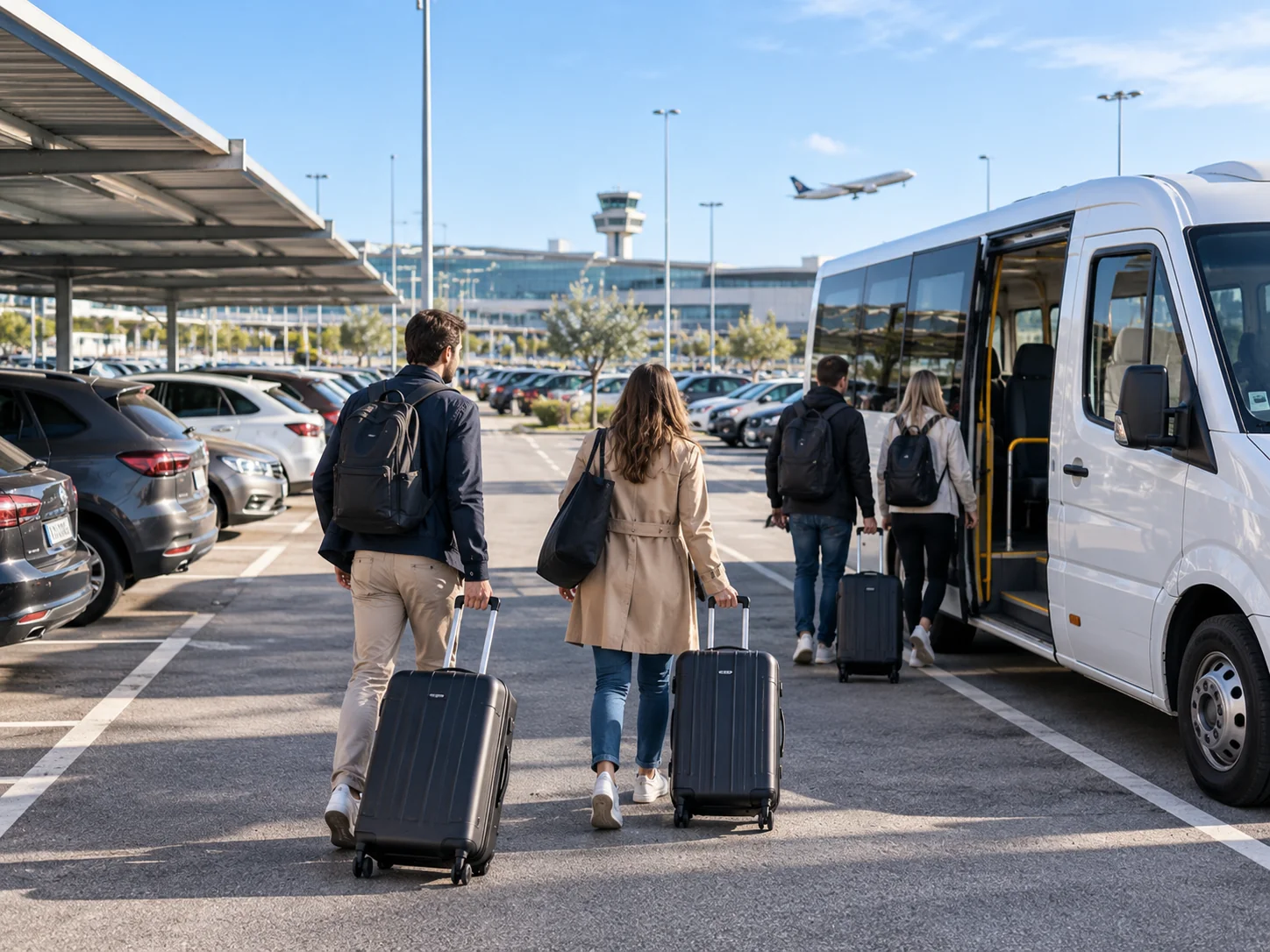 Viajeros accediendo a la lanzadera de un parking privado próximo a un aeropuerto