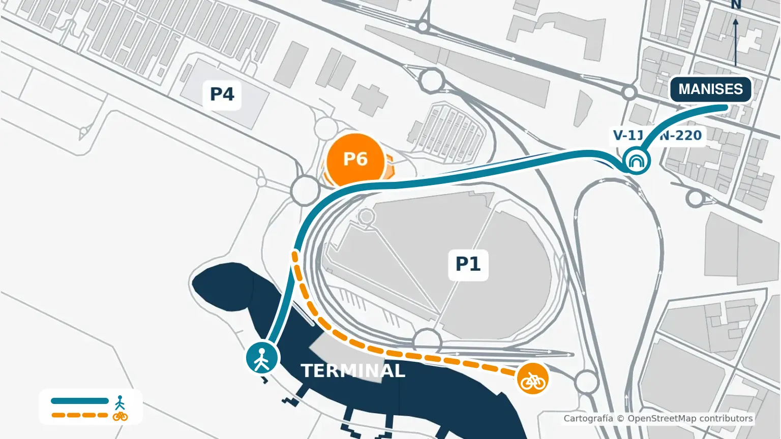 Plano del acceso peatonal entre la terminal, el P6 y Manises, con alternativa desde el aparcamiento de bicicletas
