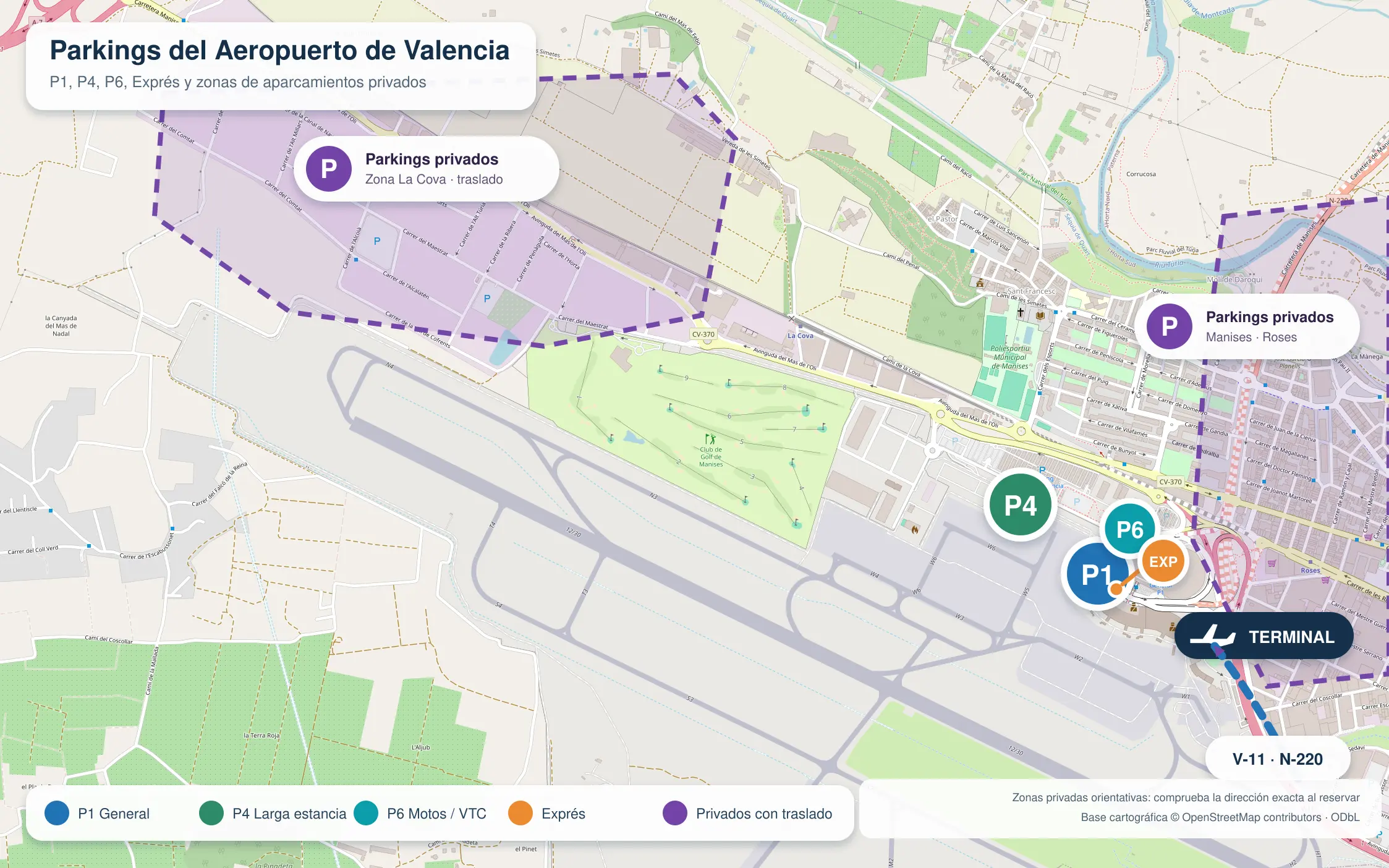 Plano de los parkings oficiales y zonas de aparcamientos privados próximos al Aeropuerto de Valencia