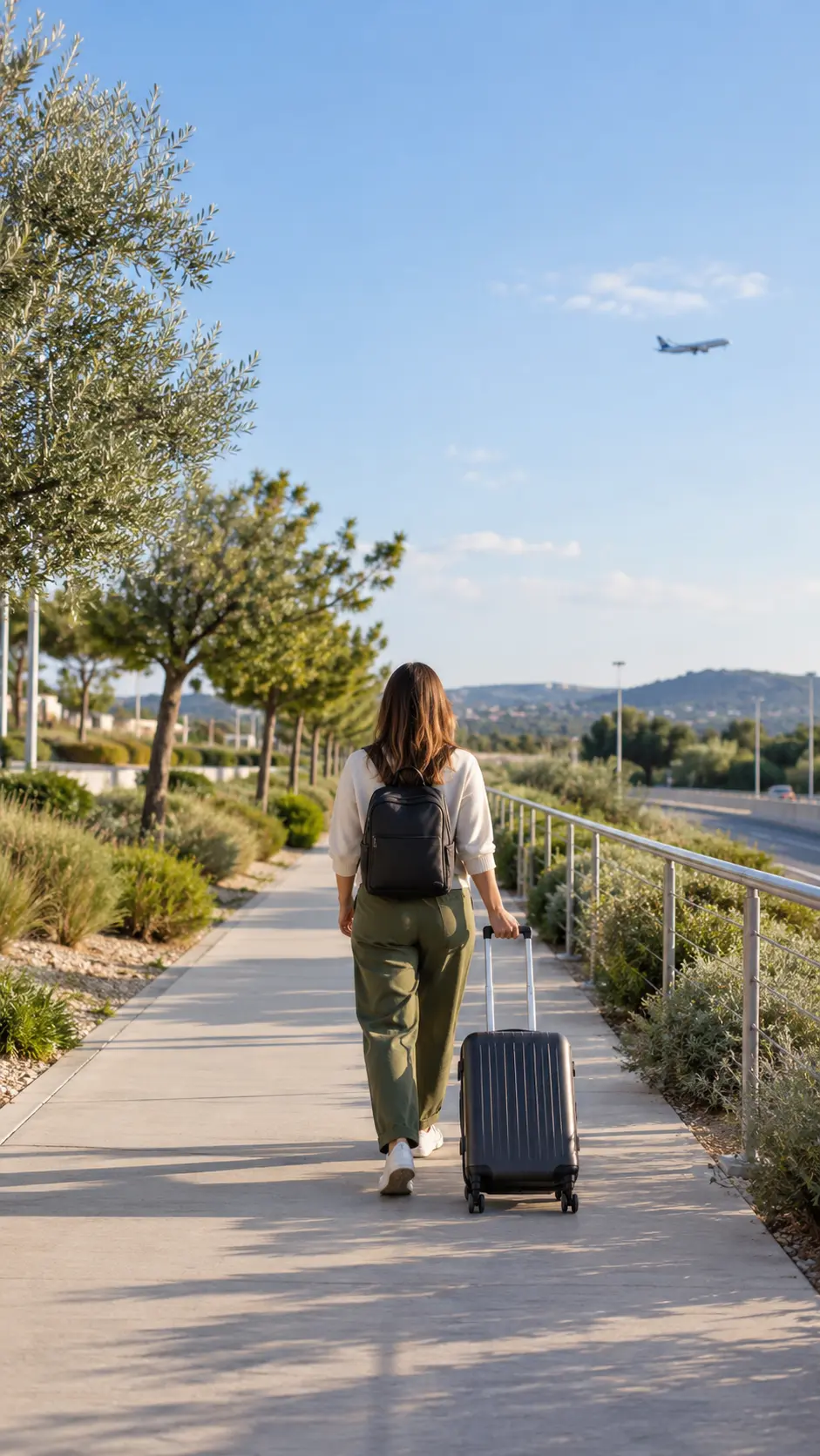 Viajera con equipaje caminando por un acceso peatonal próximo a un aeropuerto