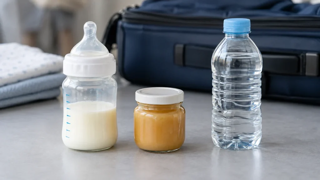 Biberón con leche, tarro de comida infantil y botella de agua junto a una maleta