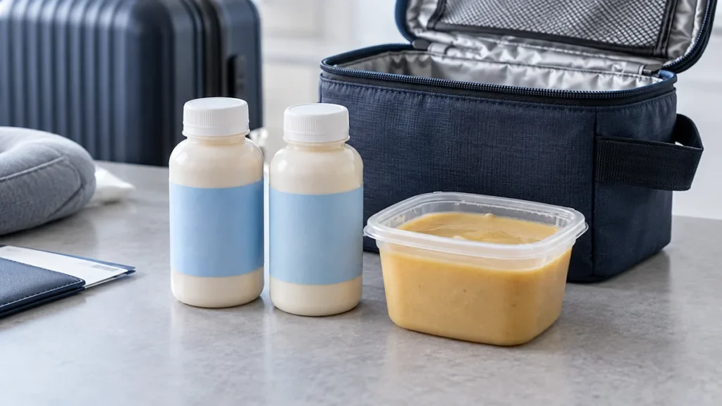 Botellas de suplemento nutricional y recipiente de puré junto a una bolsa térmica de viaje