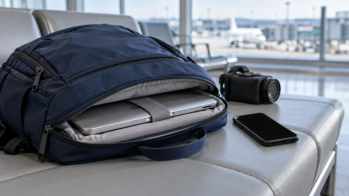 Portátil en el compartimento acolchado de una mochila de cabina, con un móvil y una cámara al lado