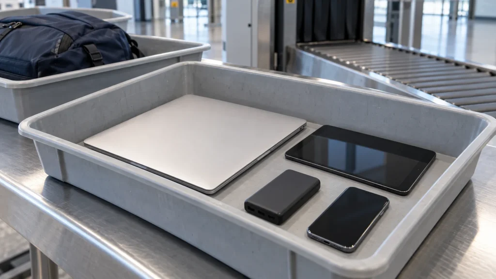 Portátil, tableta, móvil y batería externa separados en una bandeja del control de seguridad