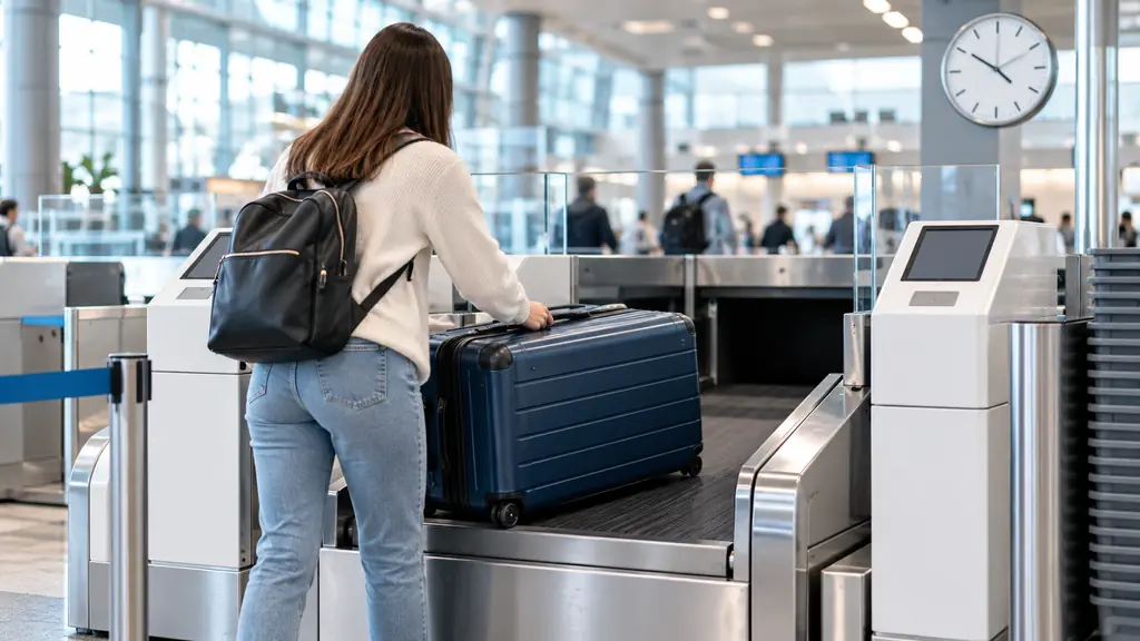 Viajera entregando una maleta en un punto de bag drop del aeropuerto