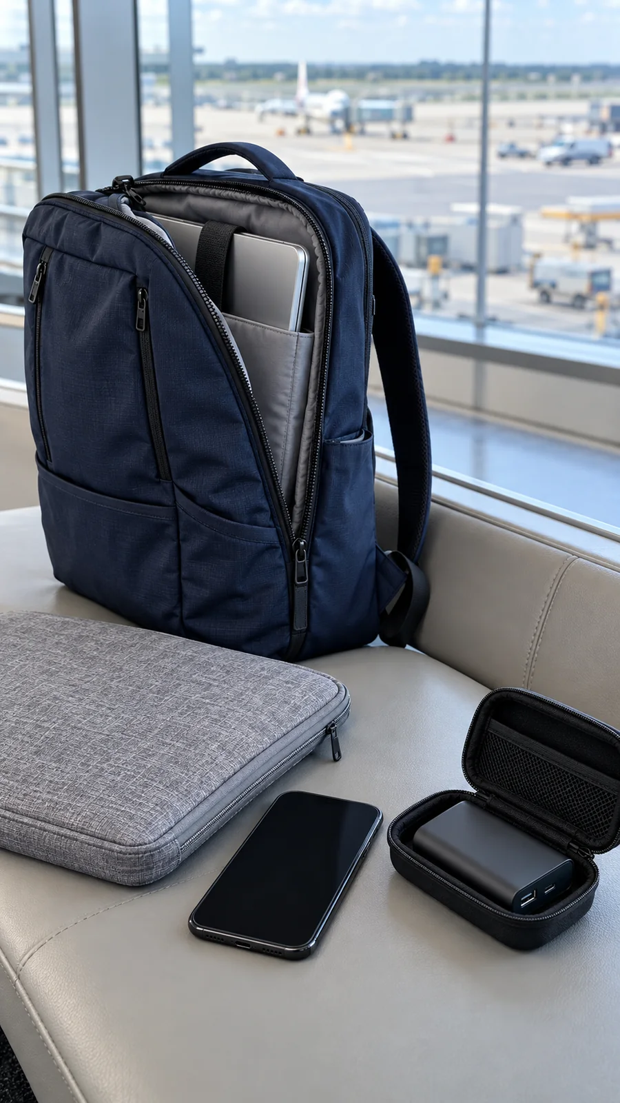 Mochila con un portátil, un móvil y una batería externa en su estuche protector junto a una ventana de la terminal.