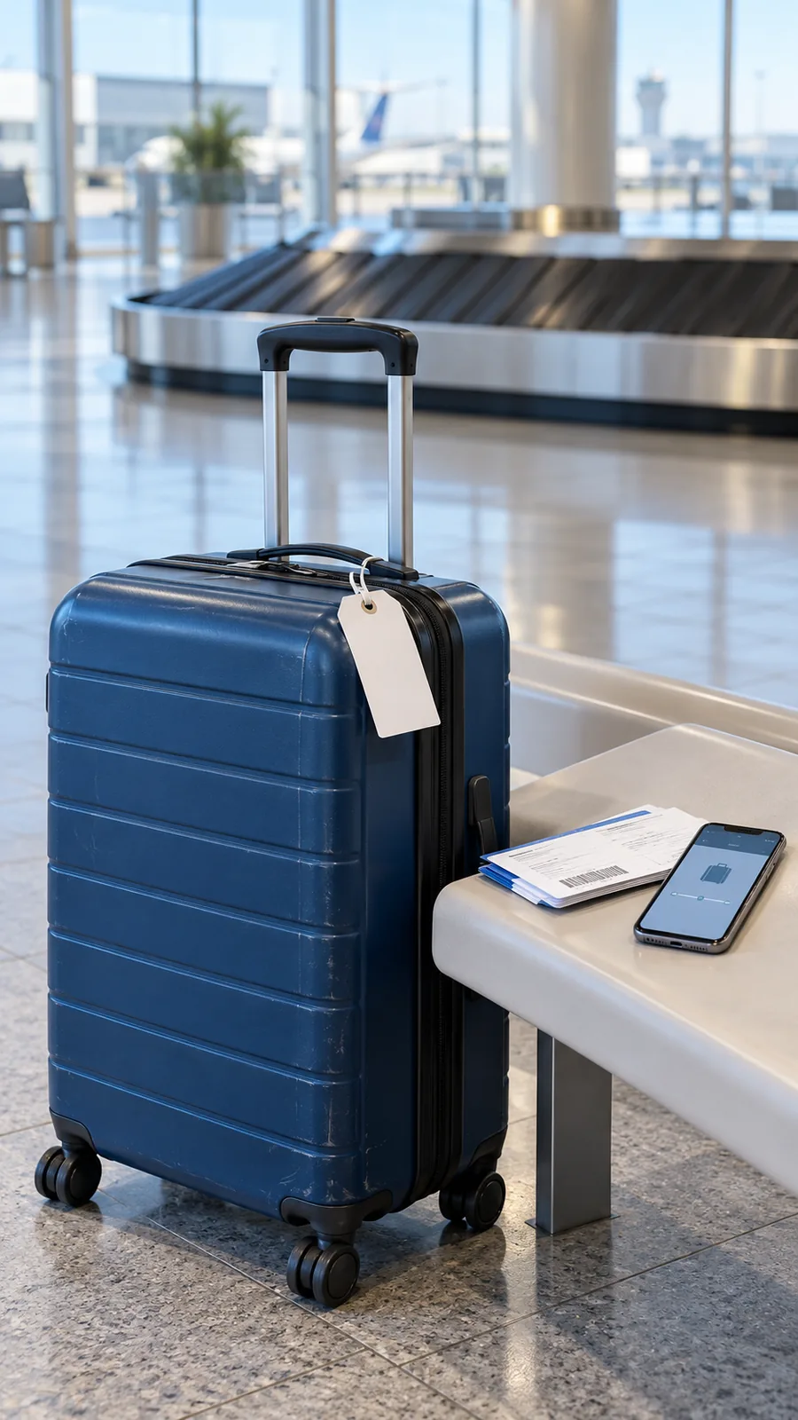 Maleta azul con etiqueta junto a documentos de viaje y un móvil en una zona de recogida de equipajes