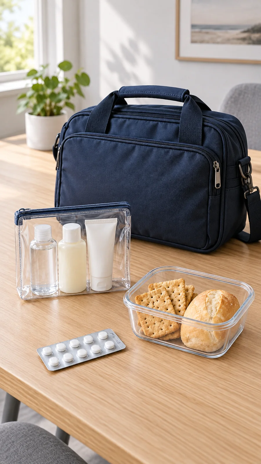 Bolsa transparente con líquidos de viaje, blíster de medicamentos y recipiente con alimentos junto a un bolso de cabina