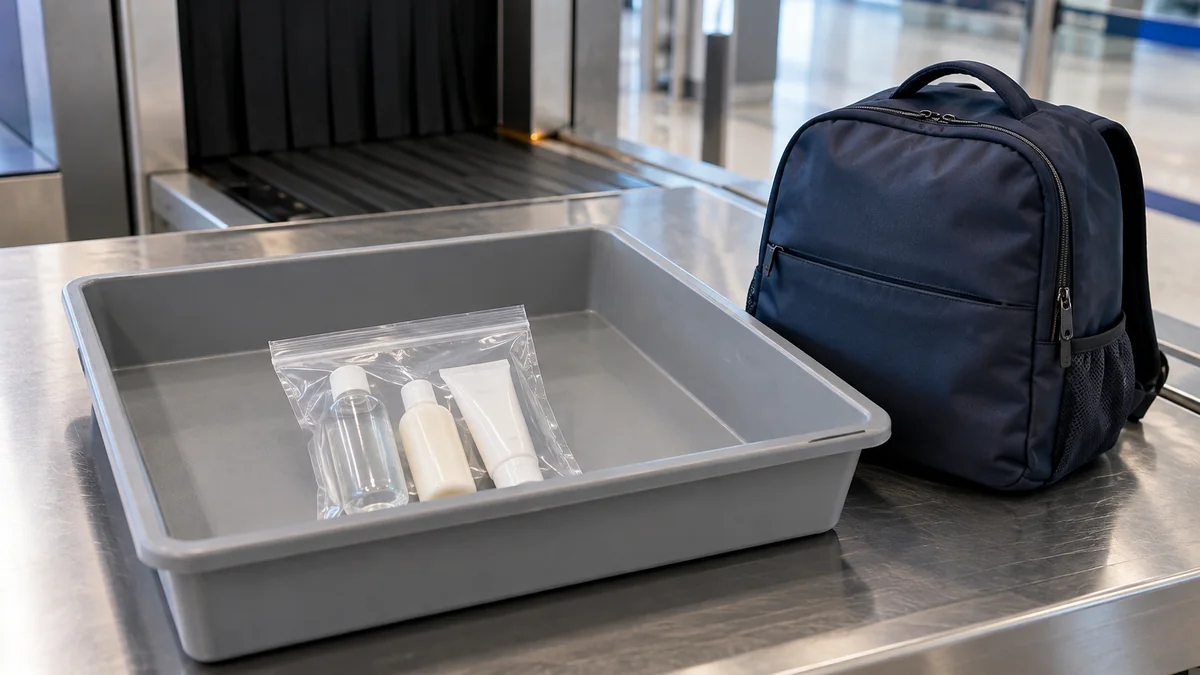 Bolsa transparente con envases de líquidos de viaje en una bandeja del control de seguridad