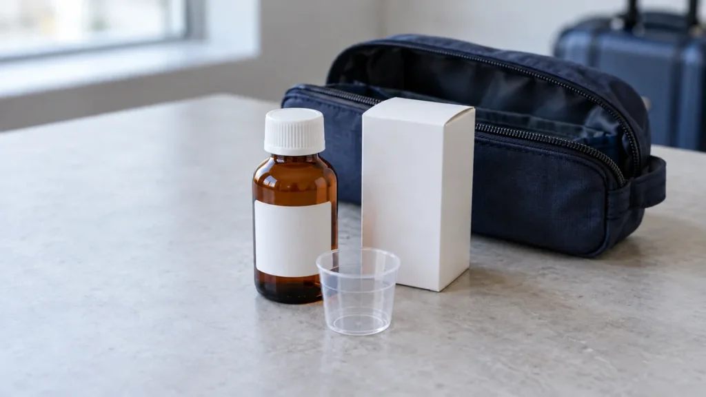 Frasco de medicamento líquido con un vasito dosificador vacío y un estuche de viaje