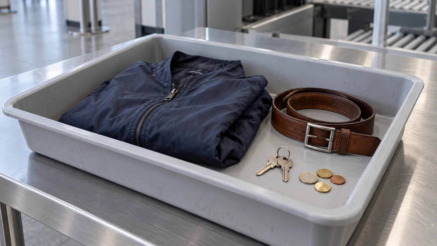 Chaqueta, cinturón, llaves y monedas en una bandeja del control de seguridad