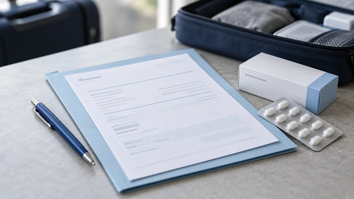 Documento de prescripción junto a un bolígrafo y medicamentos preparados para viajar